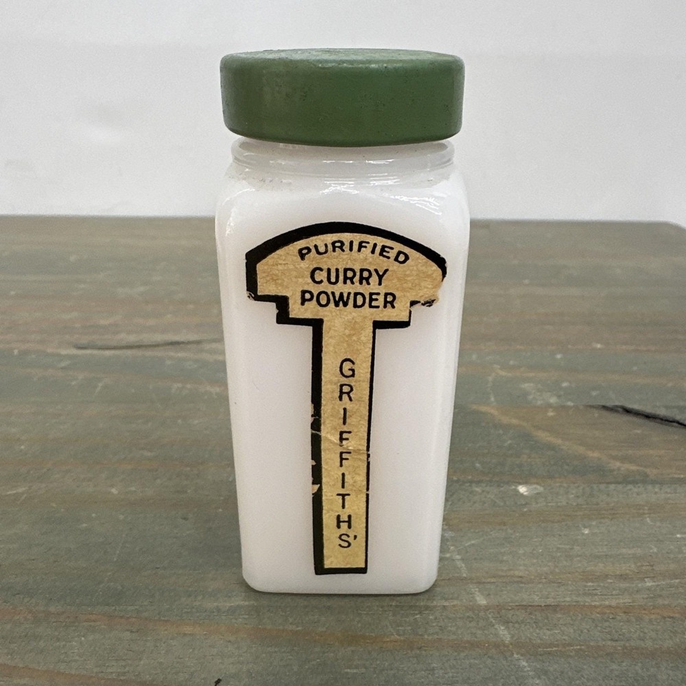 Vintage Griffith's Curry Powder 3/4 oz spice Jar White Milkglass jar Green lid